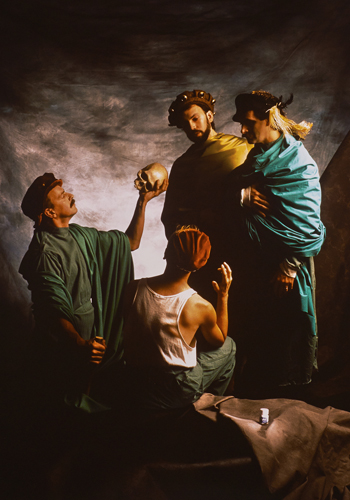 Image of photograph by David Buchan entitled "Nytol (The Big Sleep)" (1990) showing four men in conversation, referencing Shakespeare's Hamlet