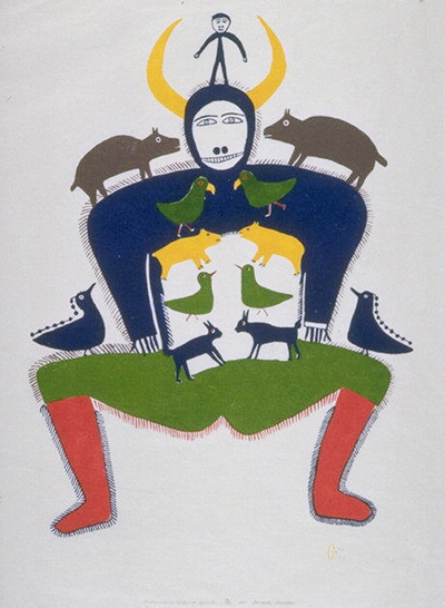 A colourful human figure with horns coming out of its head and animal figures placed symmetrically along its body.