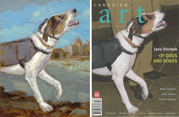 Two side by side images portraying a Jack Russell terrier wearing a vest and a video camera mounted on its collar with different backgrounds. 