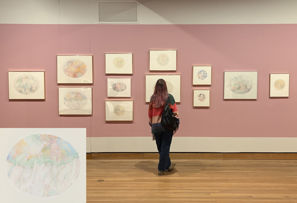 Une femme regarde douze dessins encadrés de couleur pâle, de forme circulaire et ovale, installés sur un mur rose poussiéreux. Un encart représentant l'une des œuvres d'art se trouve dans le coin inférieur gauche.