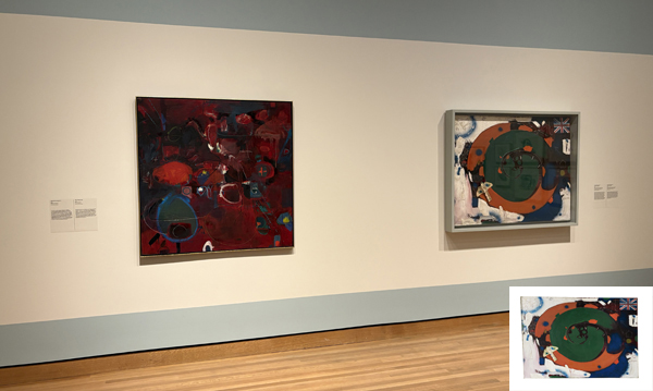 Two artworks hang side by side in an exhibition space. In the bottom right corner, a close up of the work on the right appears as an inset image.
